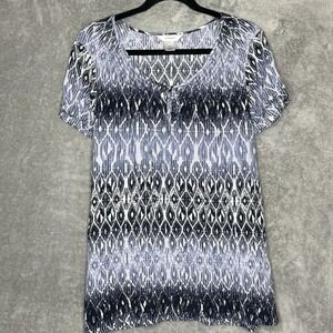 CJ Banks 2X Shirt Top Blue Geometric Short Sleeve Keyhole Scoop Neck Tunic Knit